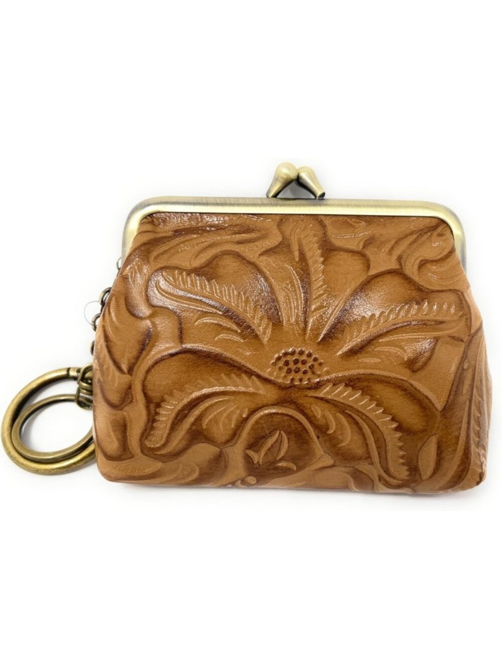 Tooled Leather Coin Purse Wallet, Stylish Biscuit Color, Compact & Chic